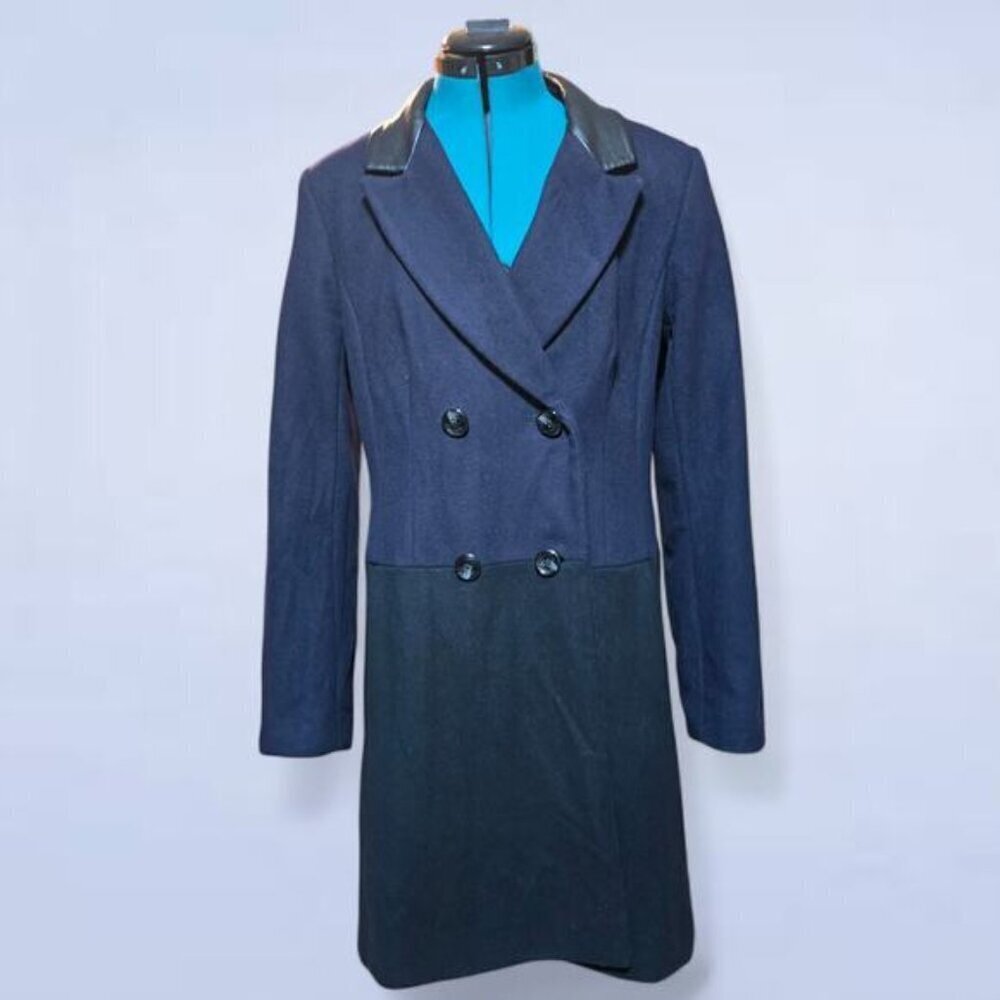 Vince Camuto Virgin Wool Colourblock Pea Coat with Faux Leather Collar‎ - Large